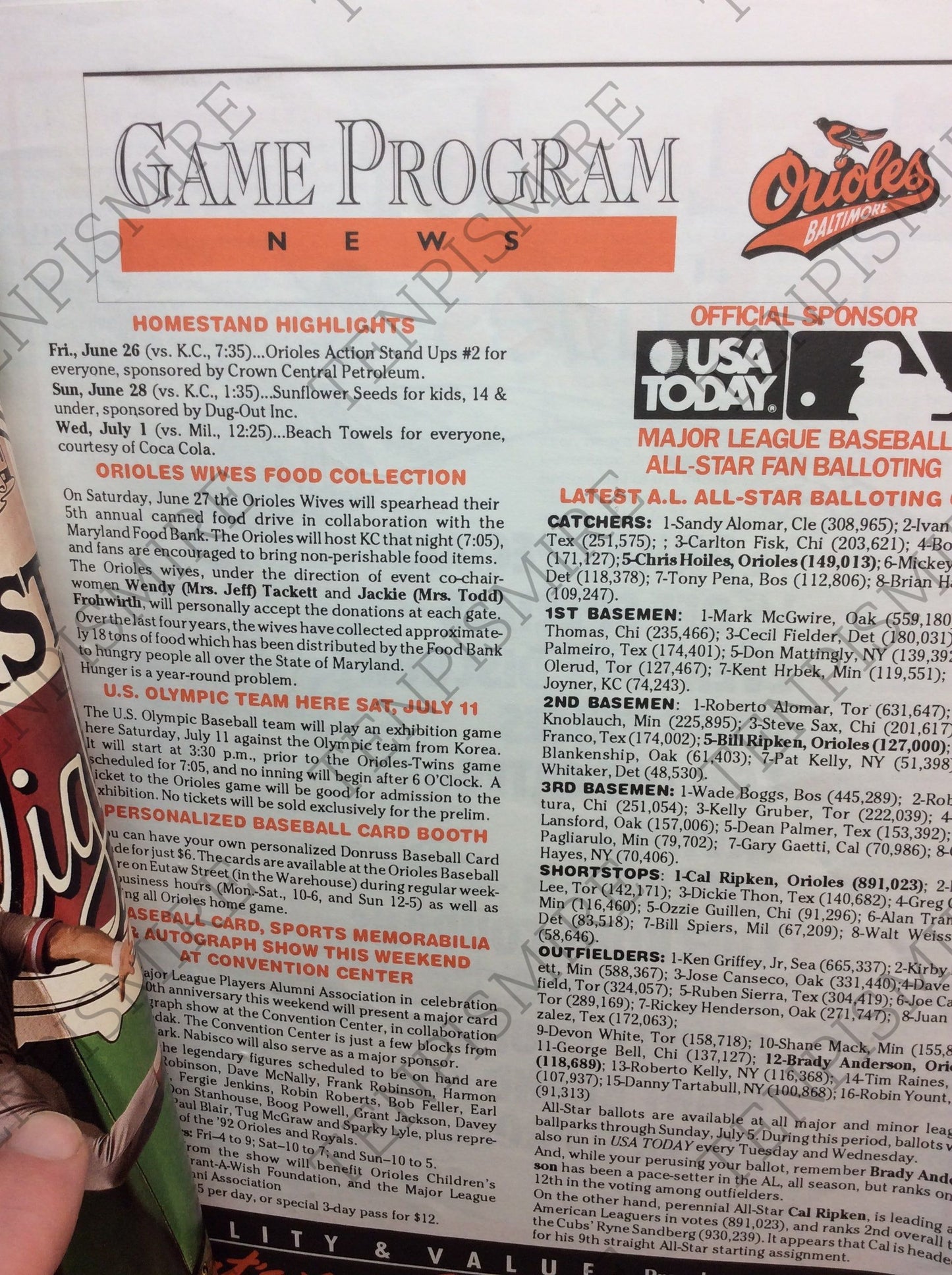 Baltimore Orioles program from 1992 vs Kansas City