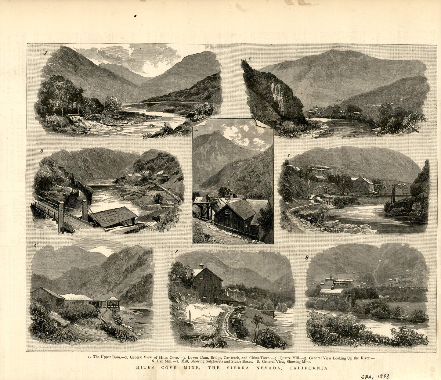 Views of the Hite Cove Gold Mine, Mariposa County, California — The Graphic, February 1883