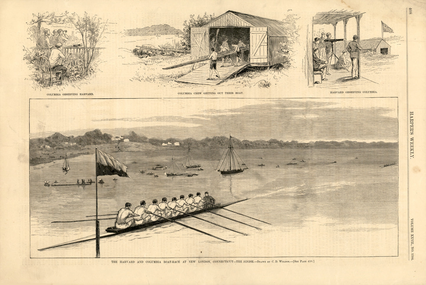 The Harvard and Columbia Freshman Crew Race on the Thames, New London — Harper's Weekly, 1883
