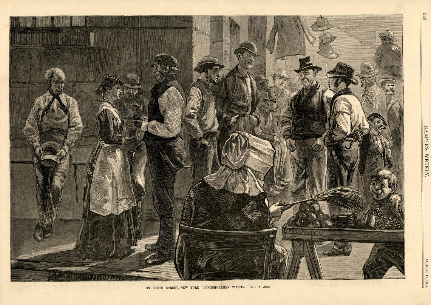 On South Street, New York: Longshoremen Waiting for a Job — Harper's Weekly, 13 August 1881