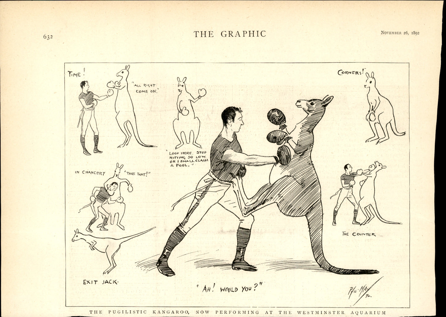 Professor Landerman Boxing a Kangaroo at the Royal Aquarium, Westminster — Victorian Antique Print